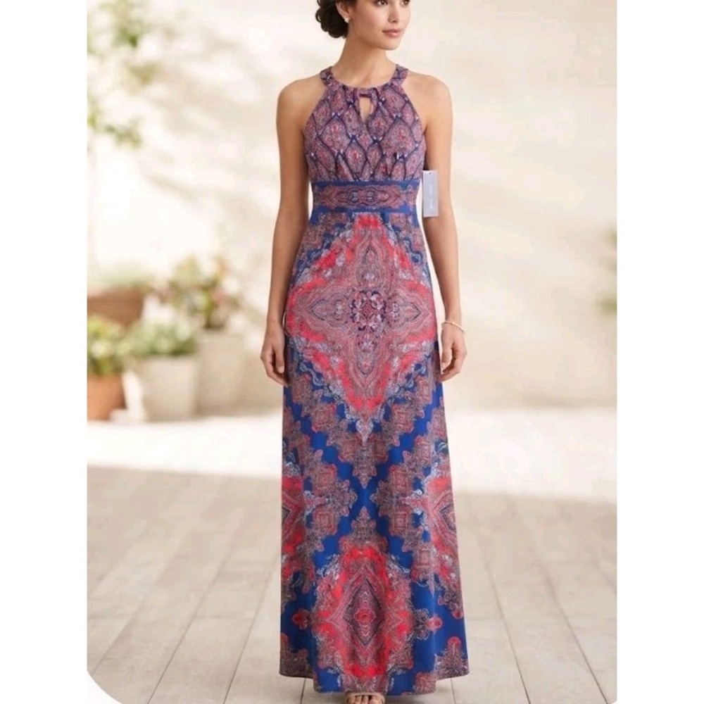 London Times Womens Maxi Dress Blue Red Paisley Halter Neck Keyhole Size US...